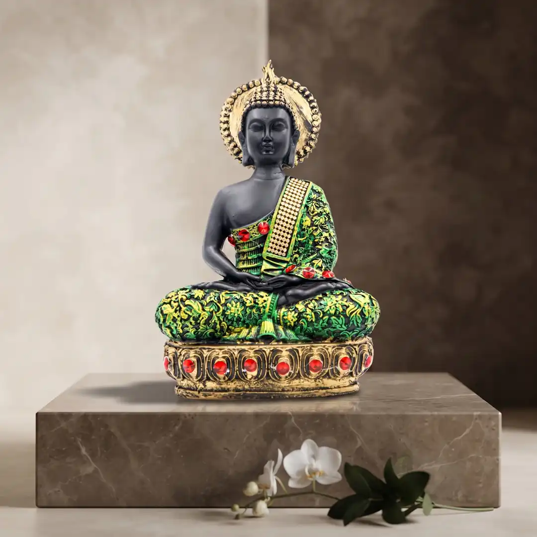 Meditating Buddha Idol with Decorative Robe & Halo | Medium - Image 5