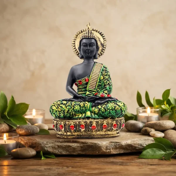 Meditating Buddha Idol with Decorative Robe & Halo | Medium