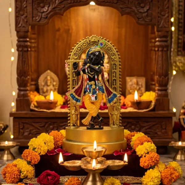 Lord Krishna Decorative Krishna Idol with Flute & Golden Arch