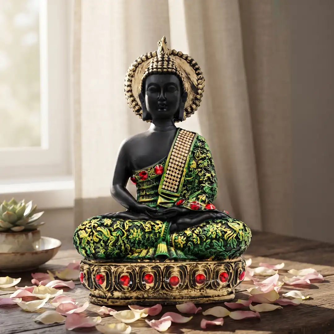 Meditating Buddha Idol with Decorative Robe & Halo | Medium - Image 4