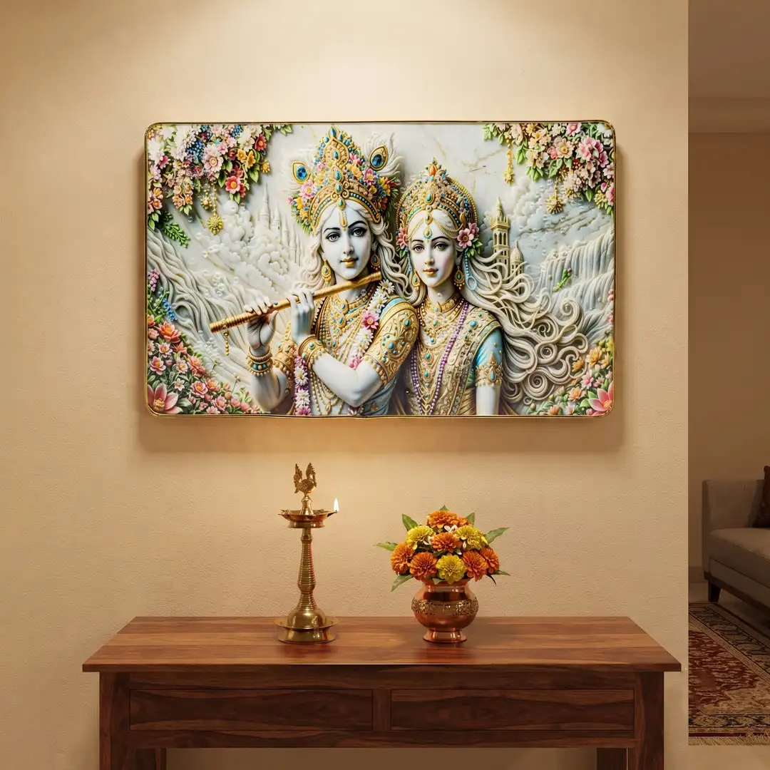 Radha Krishna Frame with Flute & Floral Design | White & Gold
