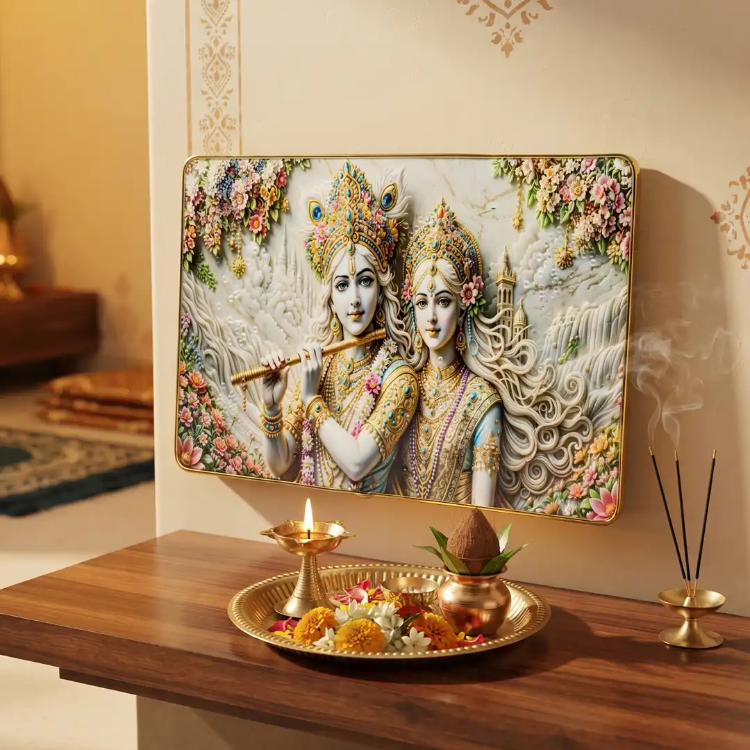 Radha Krishna Frame with Flute & Floral Design | White & Gold - Image 5