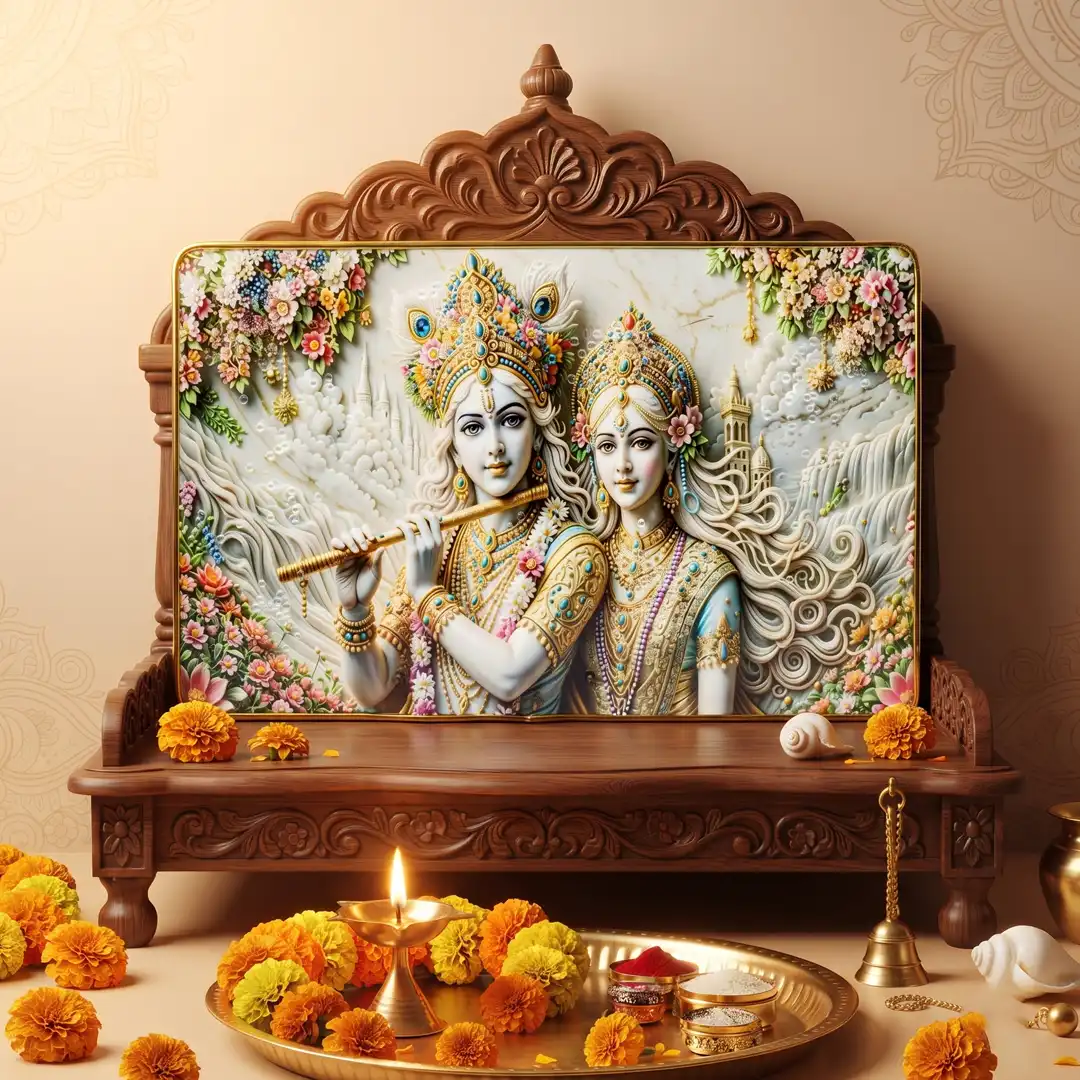 Radha Krishna Frame with Flute & Floral Design | White & Gold - Image 4