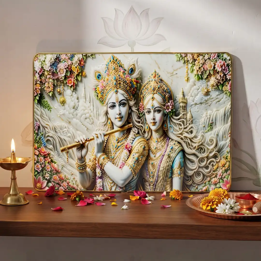Radha Krishna Frame with Flute & Floral Design | White & Gold - Image 3