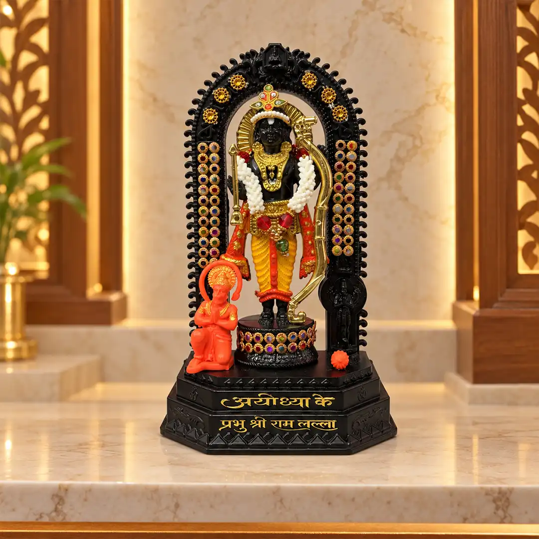 Ram Lalla Ayodhya Dham Idol with Hanuman Ji - Black & Gold | 9 Inch